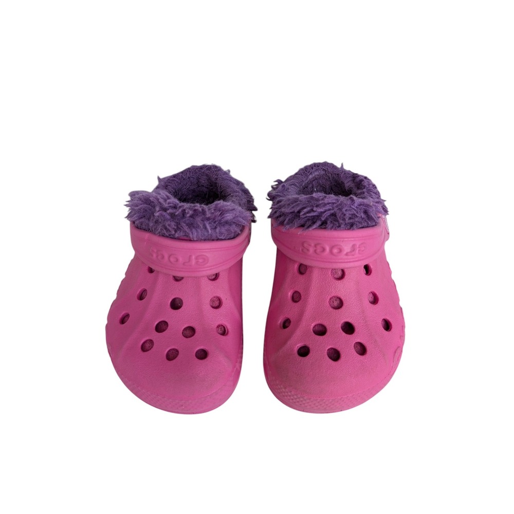 Crocs Kids Classic Lined Clogs Pink Purple Fuzz Toddler Size 6 7 Slip On Shoes